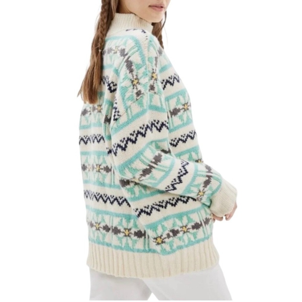 American Eagle‎ Fair Isle Snowflake Sweater Womens Small Teal Cream Knit Boho